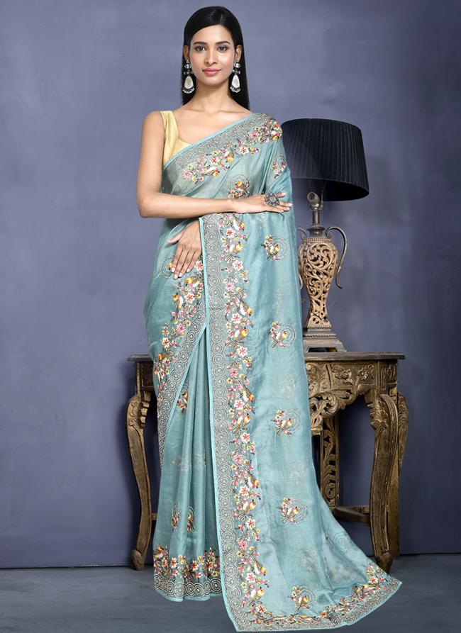 Net Organza Silk Blue Party Wear Embroidery Work Saree